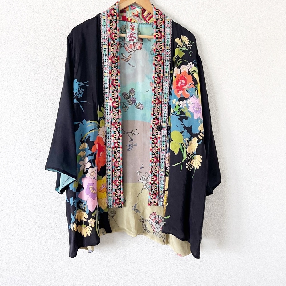 Johnny Was Reversible Fuska Kimono Black Floral Embroidered Boho Cardigan - Picture 3 of 8